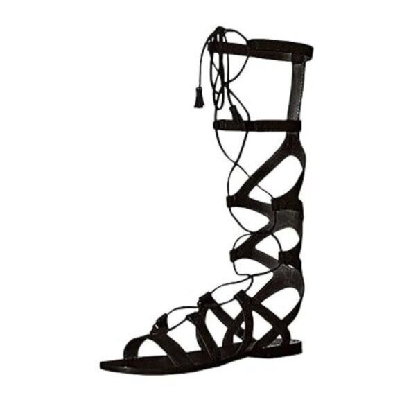YDN Women Sexy Knee High Lace up Flats Fringe Low Heel Gladiator Strap Sandals - Picture 1 of 8